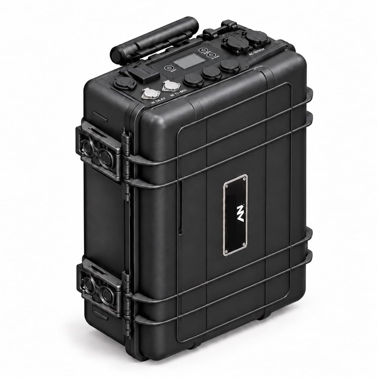 NV-P36 front three-quarter view, reinforced polymer case, telescopic handle and control panel