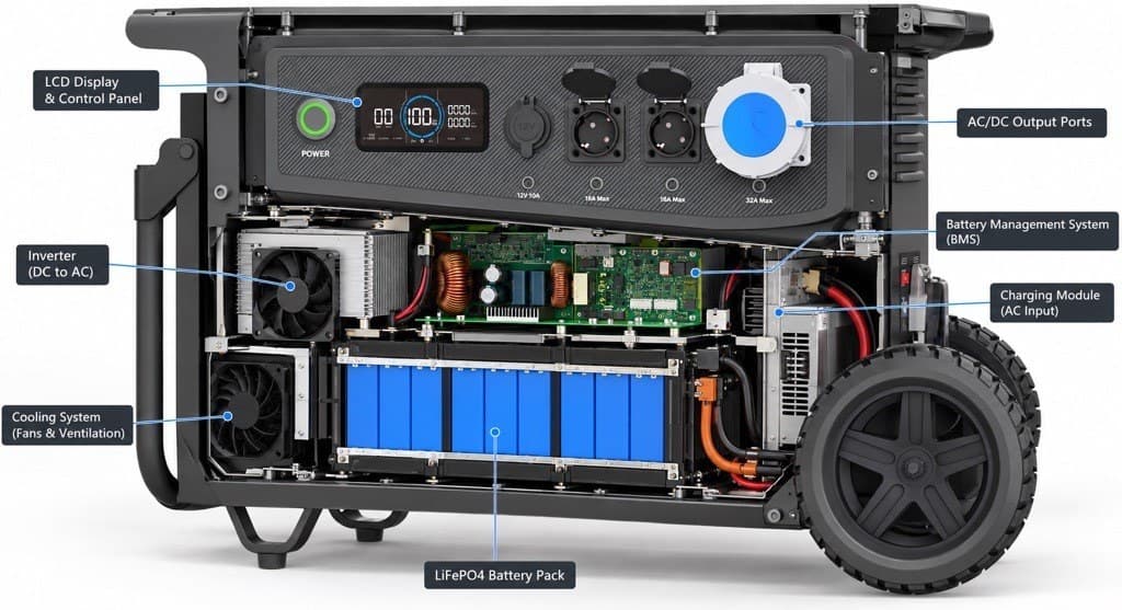 Cutaway view: display, outputs, inverter, BMS, charging module, cooling and LiFePO4 pack